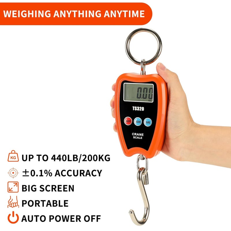 Outmate Digital Crane Scale 300kg/660lbs 200kg/440lbs with LED Handheld Mini Hanging Scale for Garage Farm Hunting Fishing Etc(200kg/Plastic Shell/Orange) - Image 2
